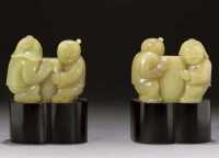 early 20th Century A pair of yellow jade models of the He-He Erxian